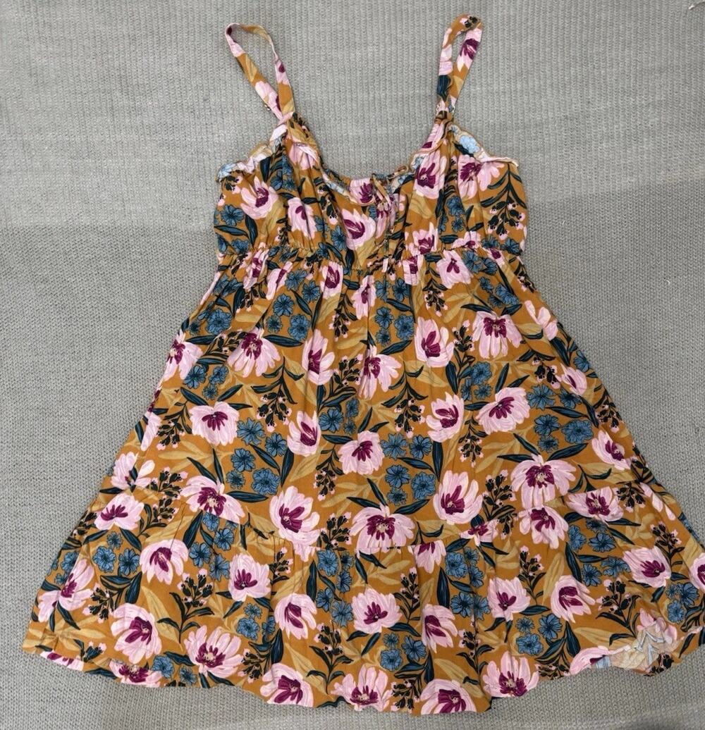 Natural Life Mustard Floral Sundress Sleeveless Short Dress Women's L
